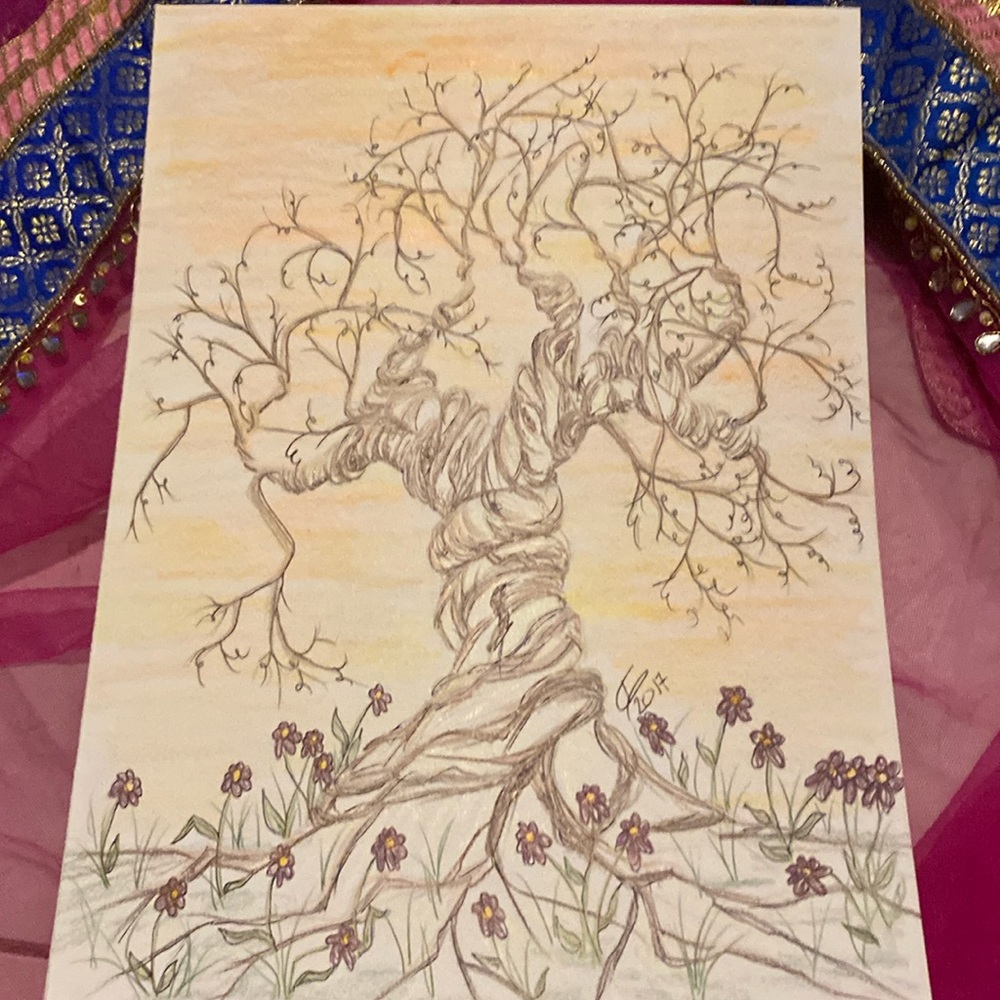 Unframed Original Art Drawing Illustration Pencil Crayon & Ink Tree & Flowers